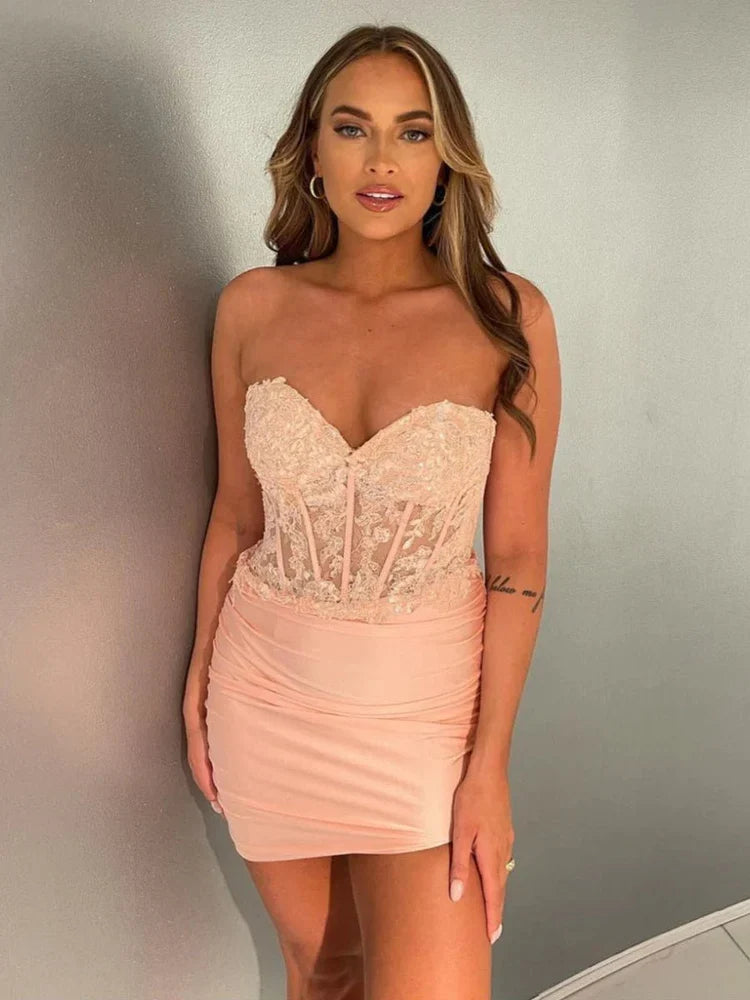 Blush Pink mini homecoming dress, alternate view showing the overall dress design