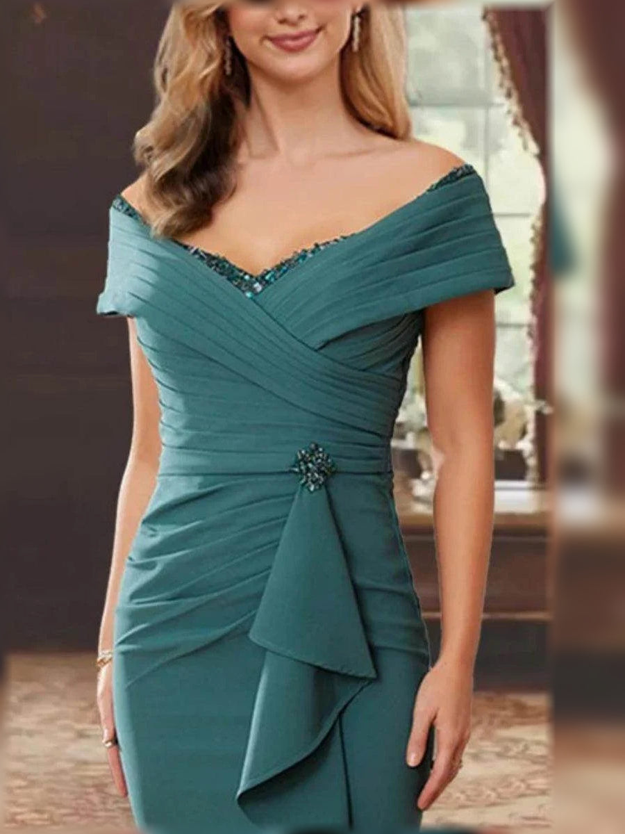 Teal floor-length mother of the bride dress, alternate view showing the overall dress design