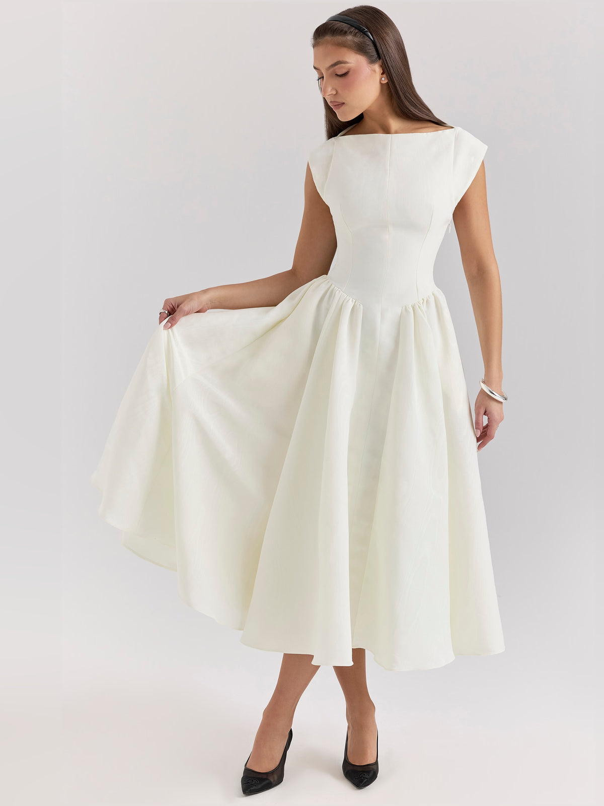 Ivory midi formal dress, alternate view showing the waist