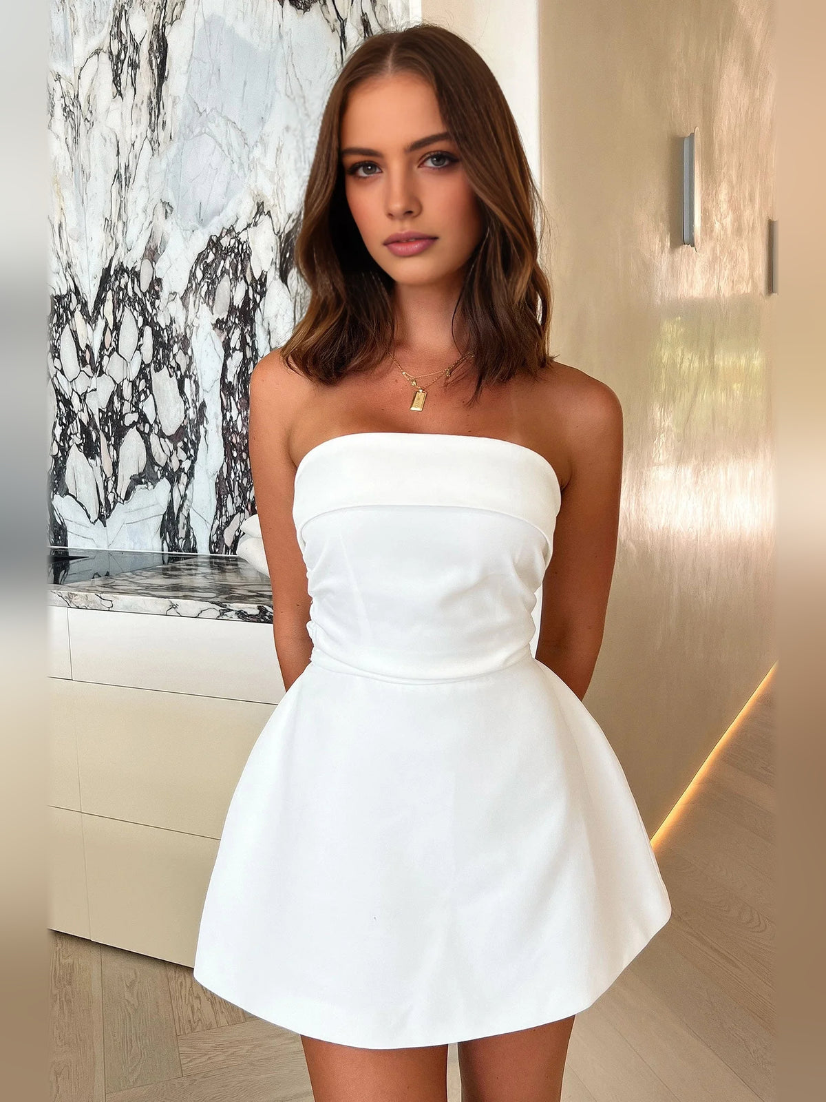 Ivory white mini homecoming dress, alternate view showing the overall dress design