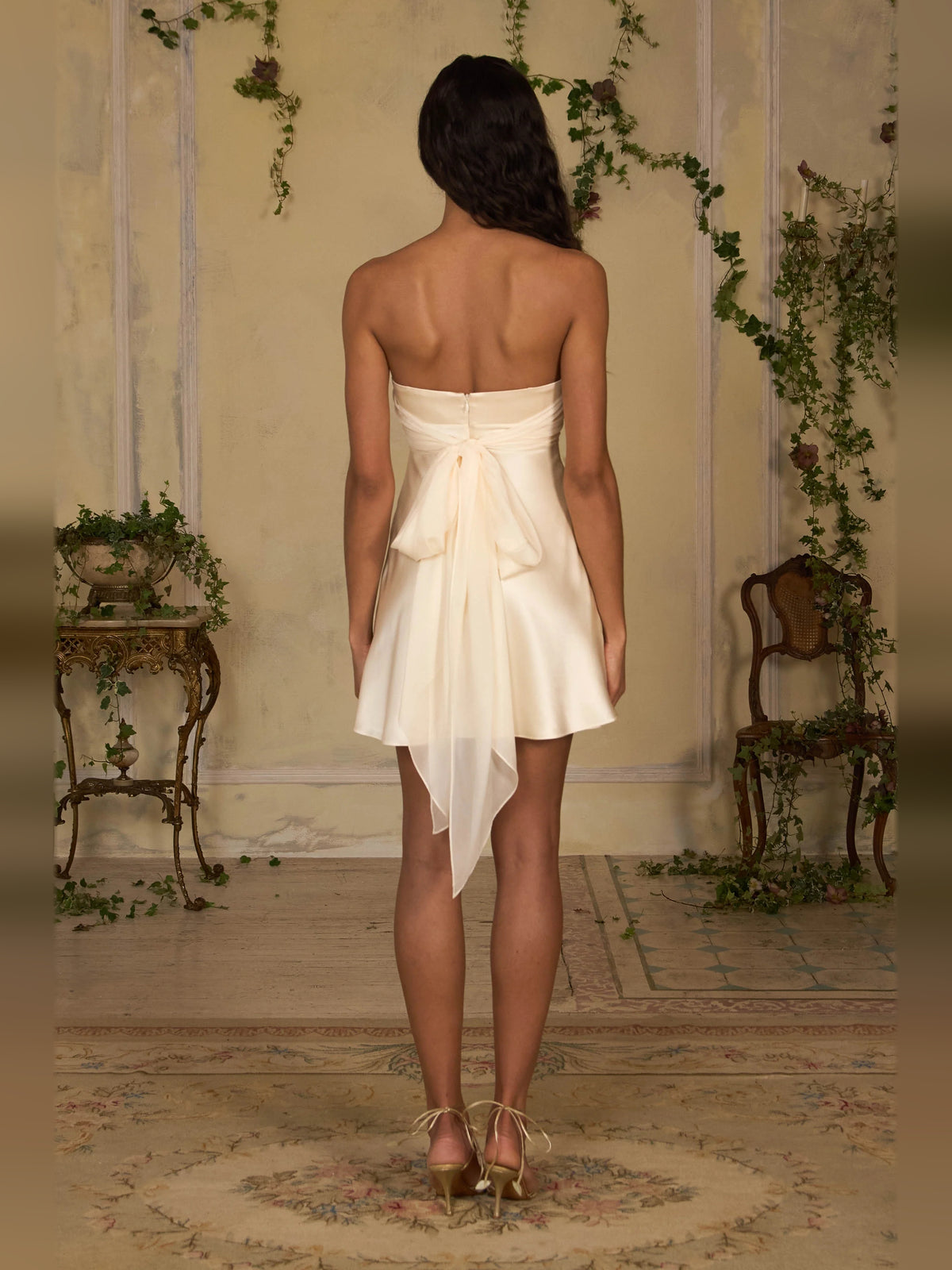 Ivory mini homecoming dress, alternate view showing the overall dress design