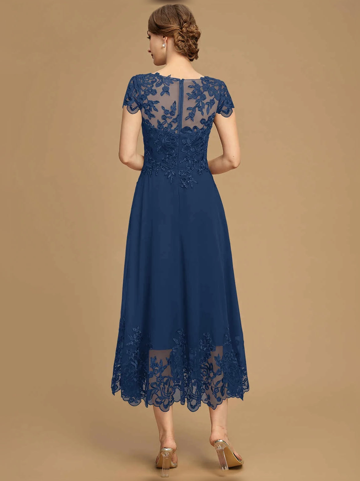 Dark Navy tea-length mother of the bride dress, alternate view showing the overall dress design