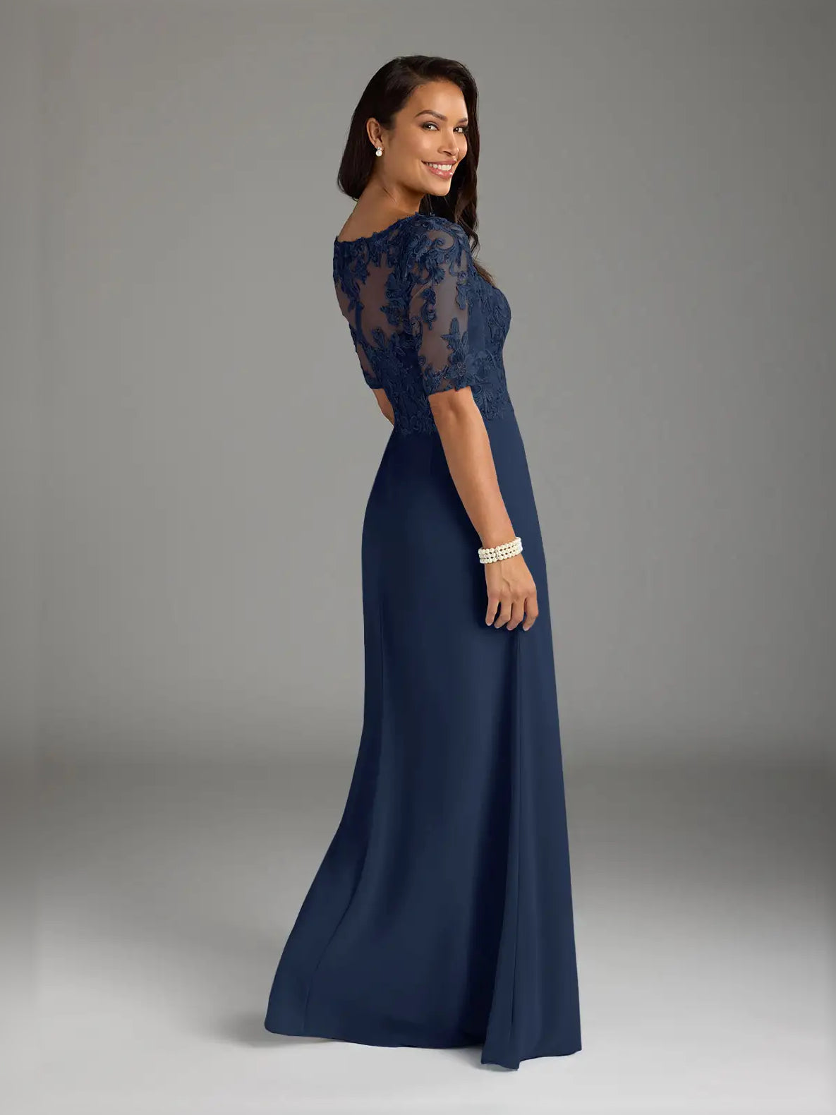 Dark Navy maxi mother of the bride dress, alternate view showing the overall dress design