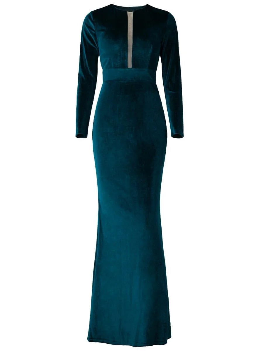 Green mermaid maxi formal dress with V-neckline, alternate view showing the waist