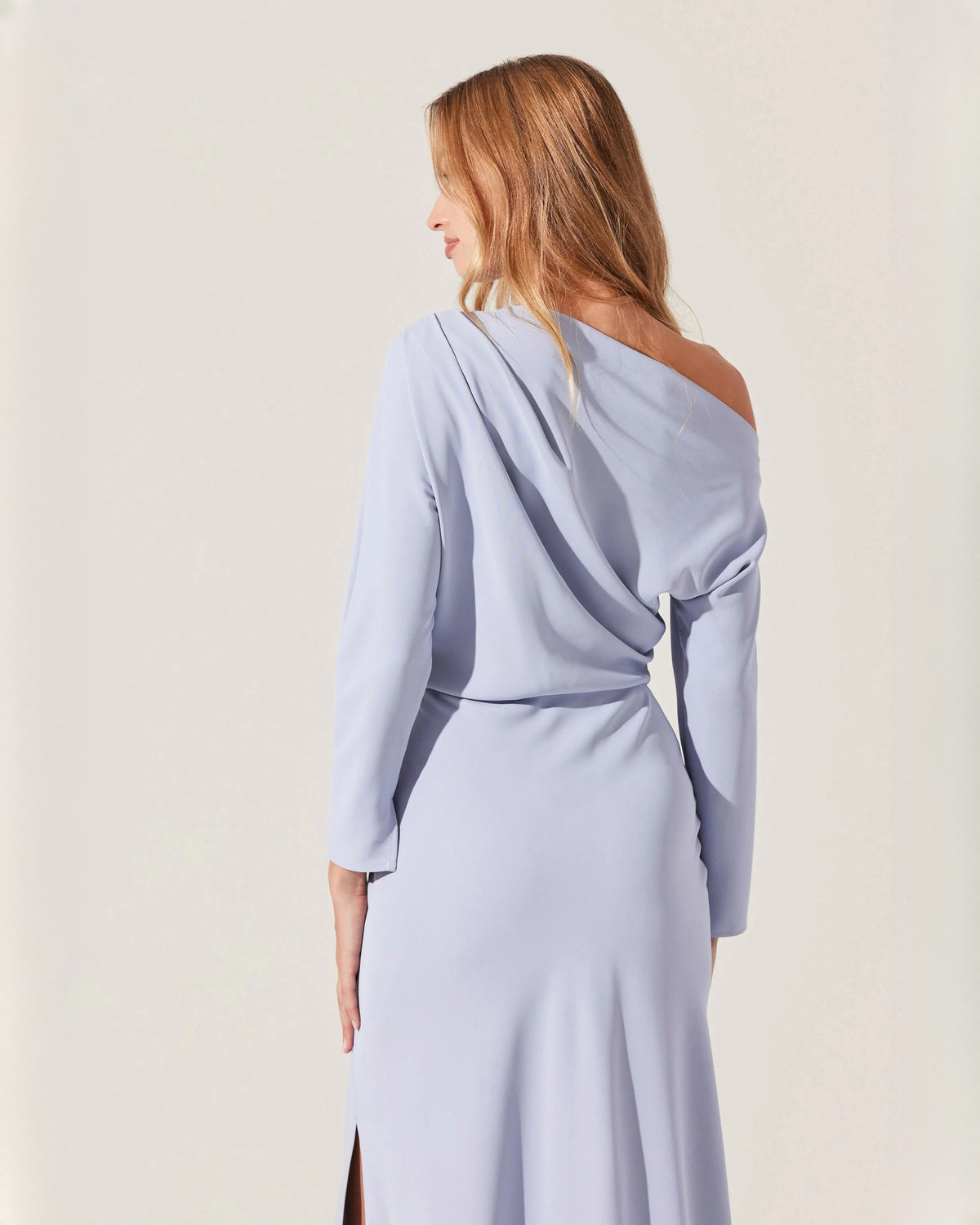 off-shoulder structured satin a-line midi bridesmaid dress - image 4