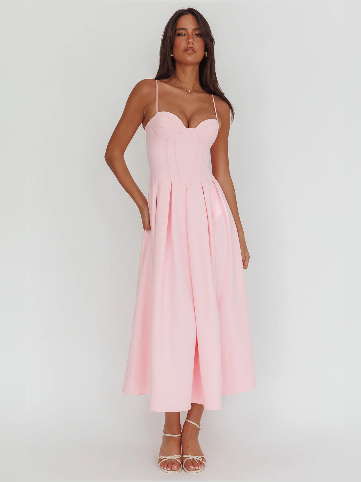 Pink midi formal dress with pleated skirt, alternate view showing the waist