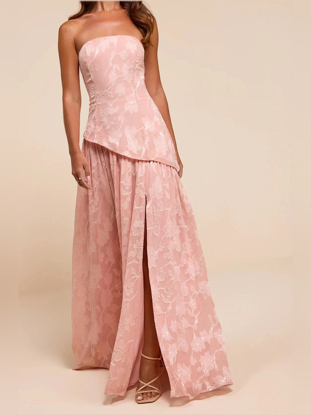 Dusty Pink maxi bridesmaid dress, alternate view showing the overall dress design