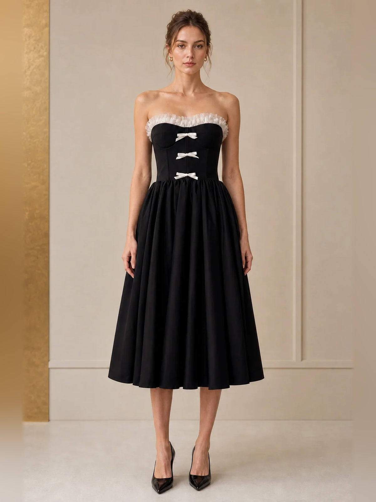 Black tea-length homecoming dress, alternate view showing the overall dress design