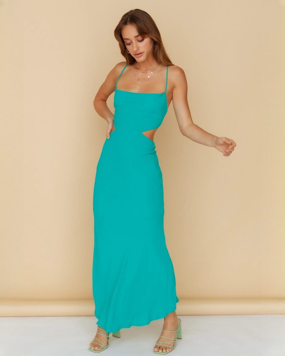 sleeveless structured satin a-line maxi bridesmaid dress - image 4