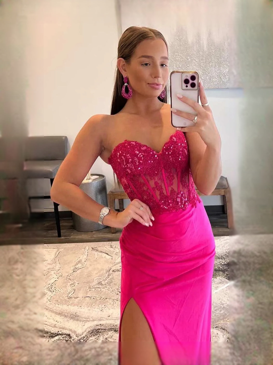 Hot Pink floor-length prom dress, alternate view showing the overall dress design
