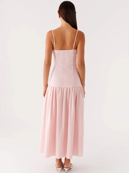 Pink midi formal dress, alternate view showing the waist
