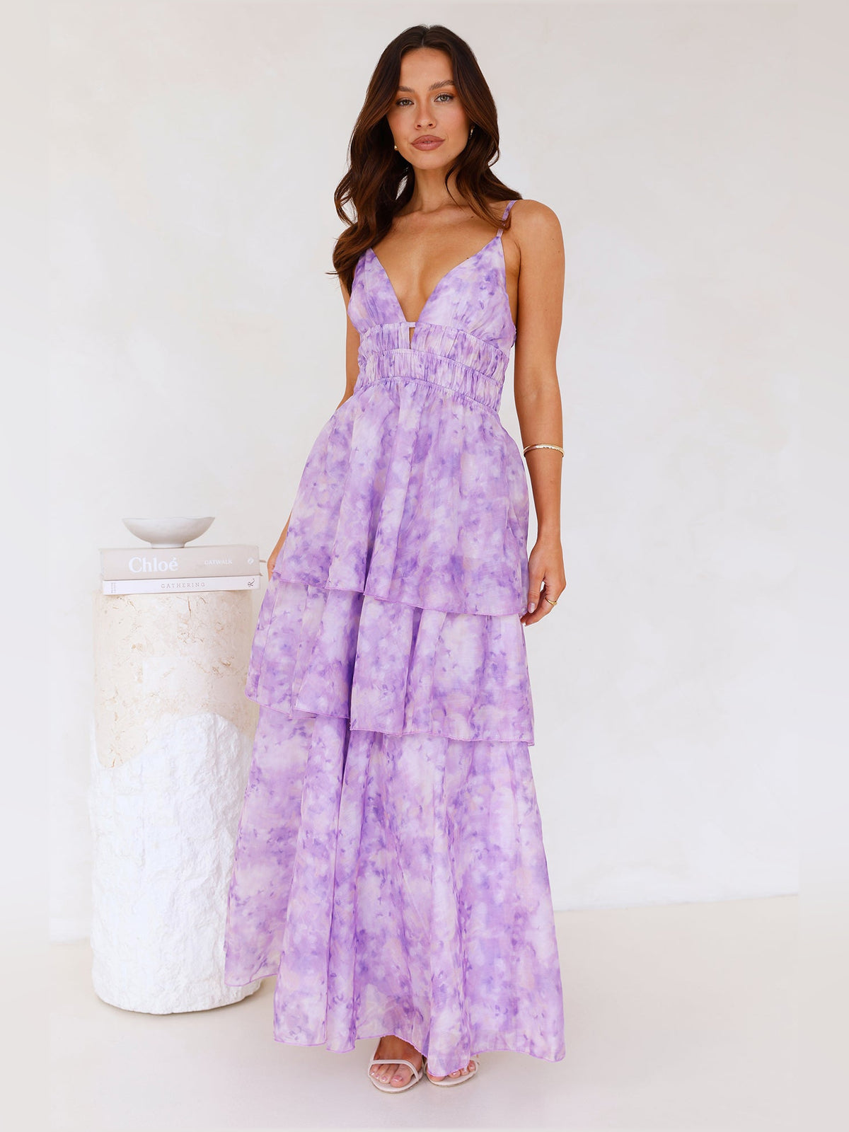 Lilac a-line maxi formal dress with tiered skirt, alternate view