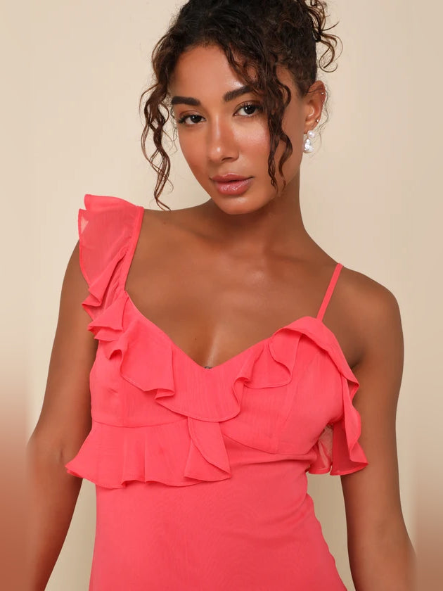 Coral Pink mini homecoming dress, alternate view showing the overall dress design