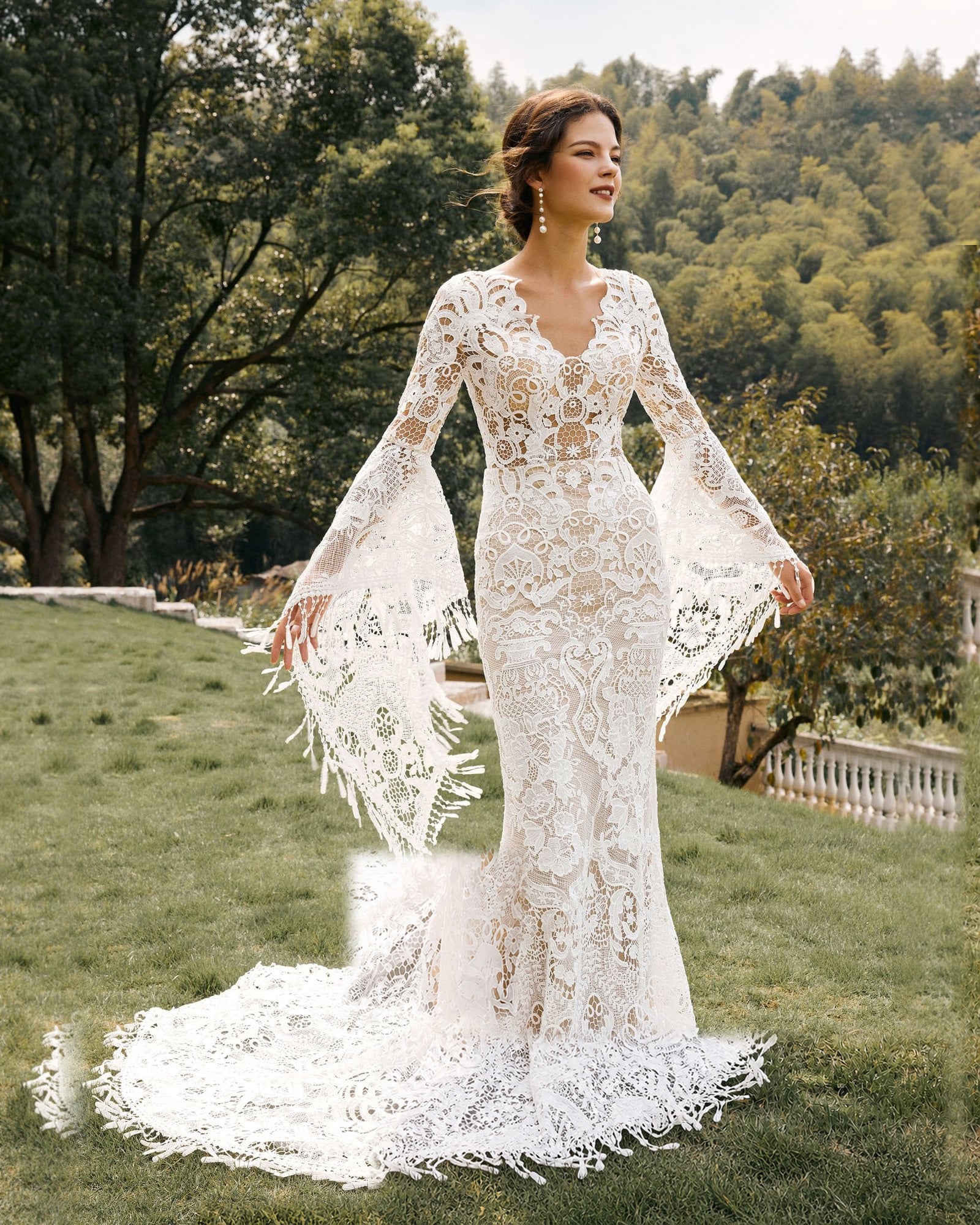 fringe bell sleeve lace mermaid wedding dress - image 5