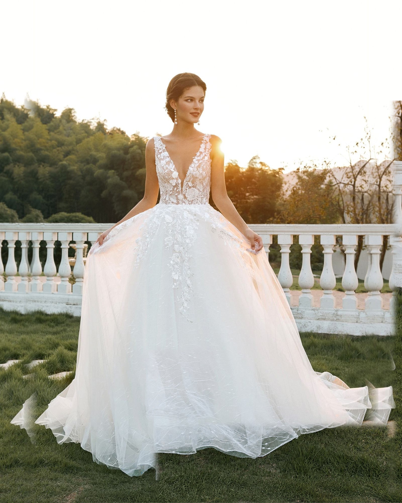plunging v-neck lace tulle ball gown wedding dress - image 5