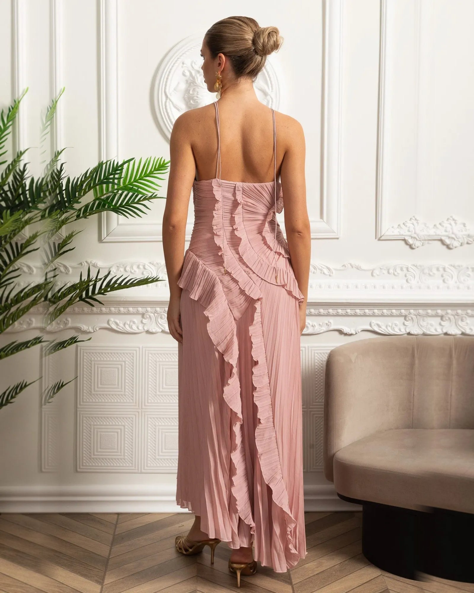 dusty rose asymmetrical halter chiffon formal dress with pleated ruffles - image 5