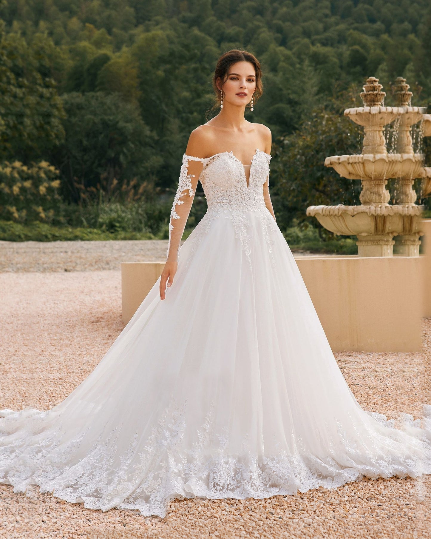 off-shoulder lace sleeve tulle wedding ball gown - image 5