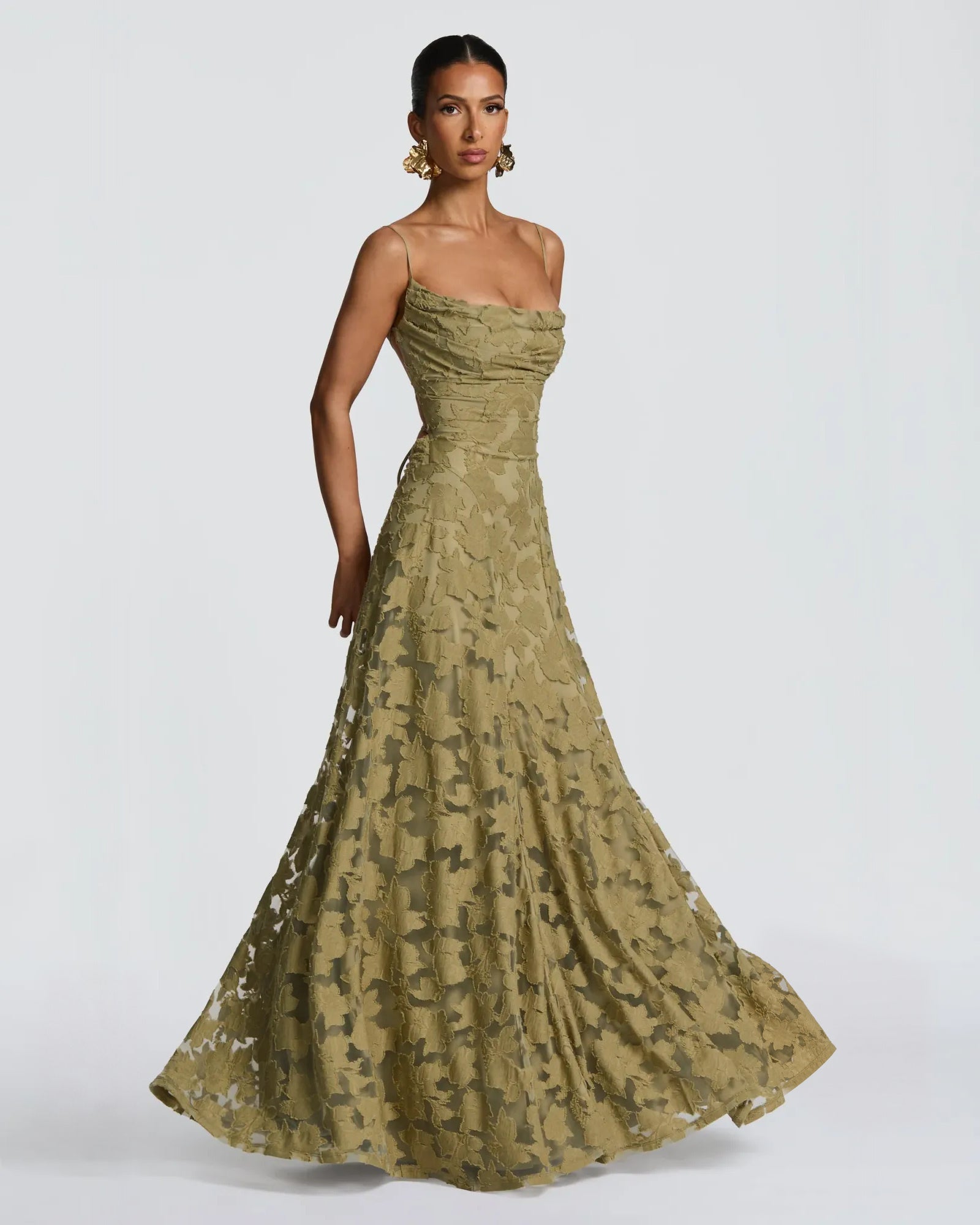 green brown cowl neck floral lace A-line formal dress with lace-up back - image 5