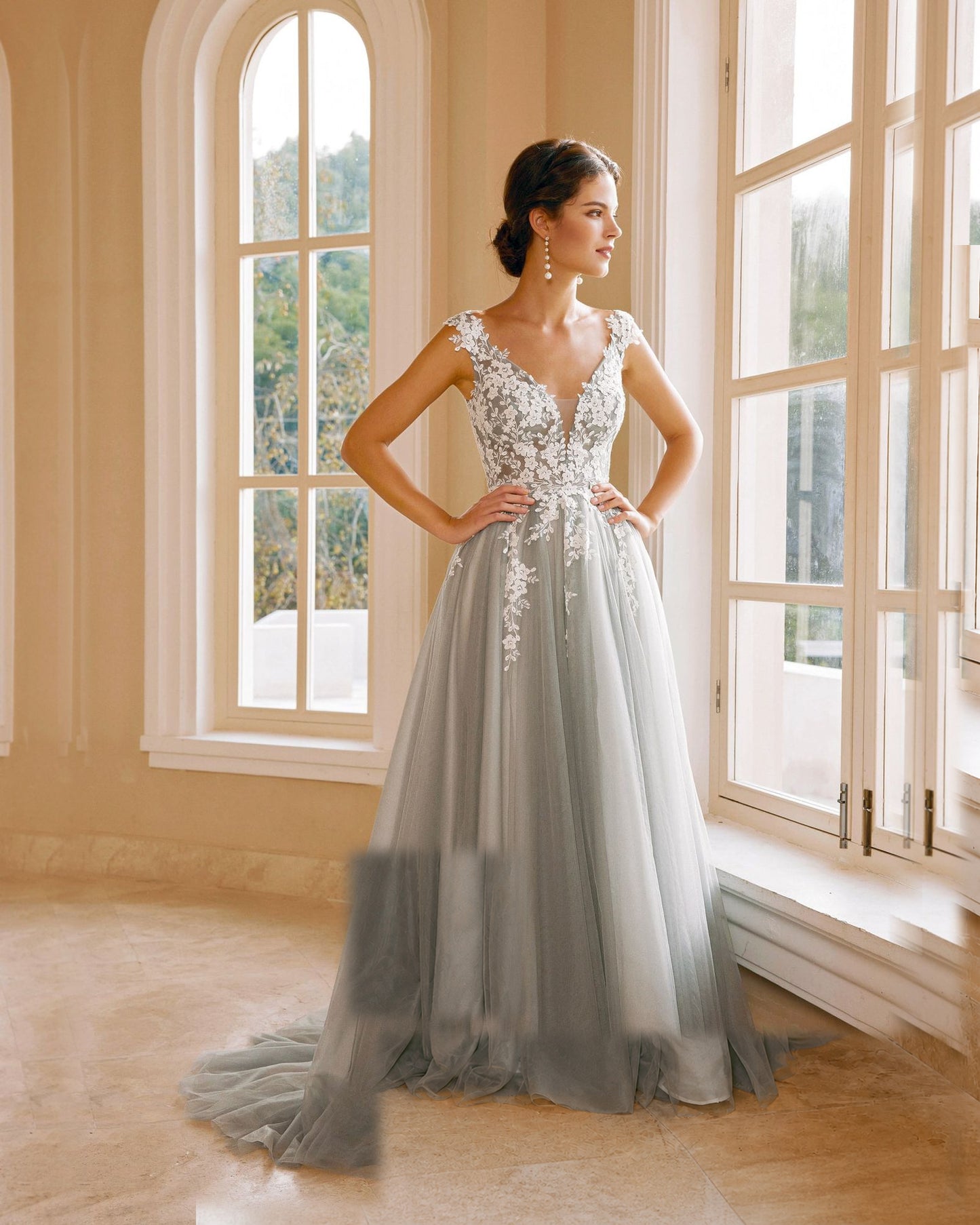 cap sleeve v-neck lace applique a-line wedding dress - image 5