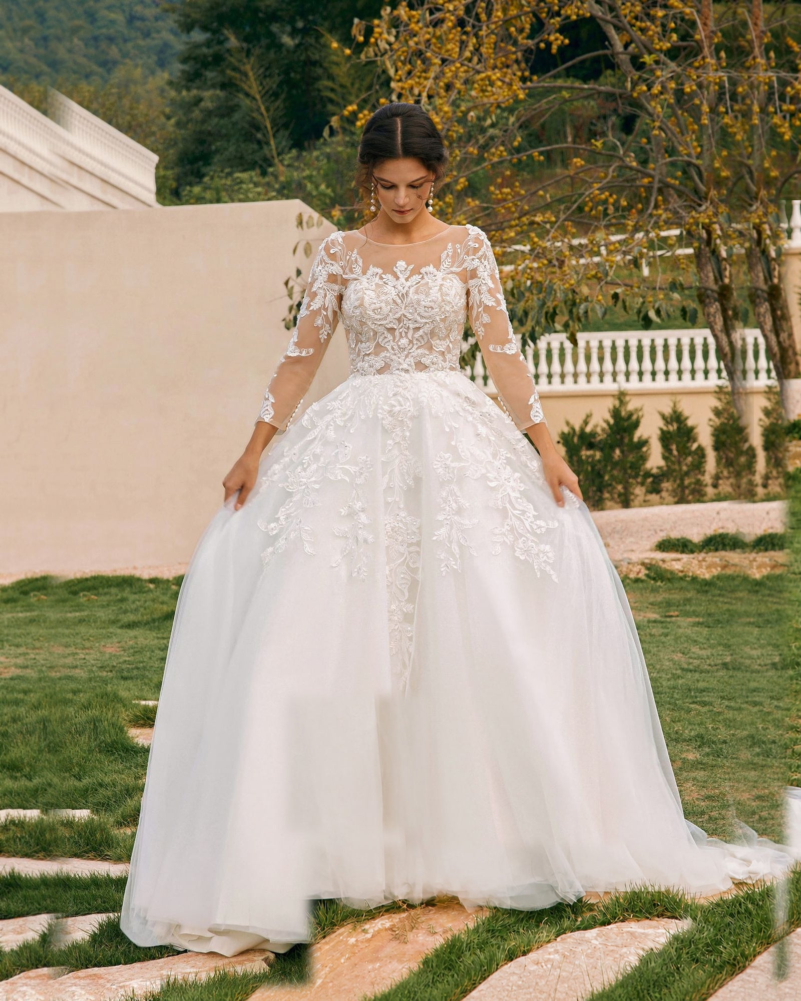 bateau neck lace sleeve tulle a-line wedding dress - image 5