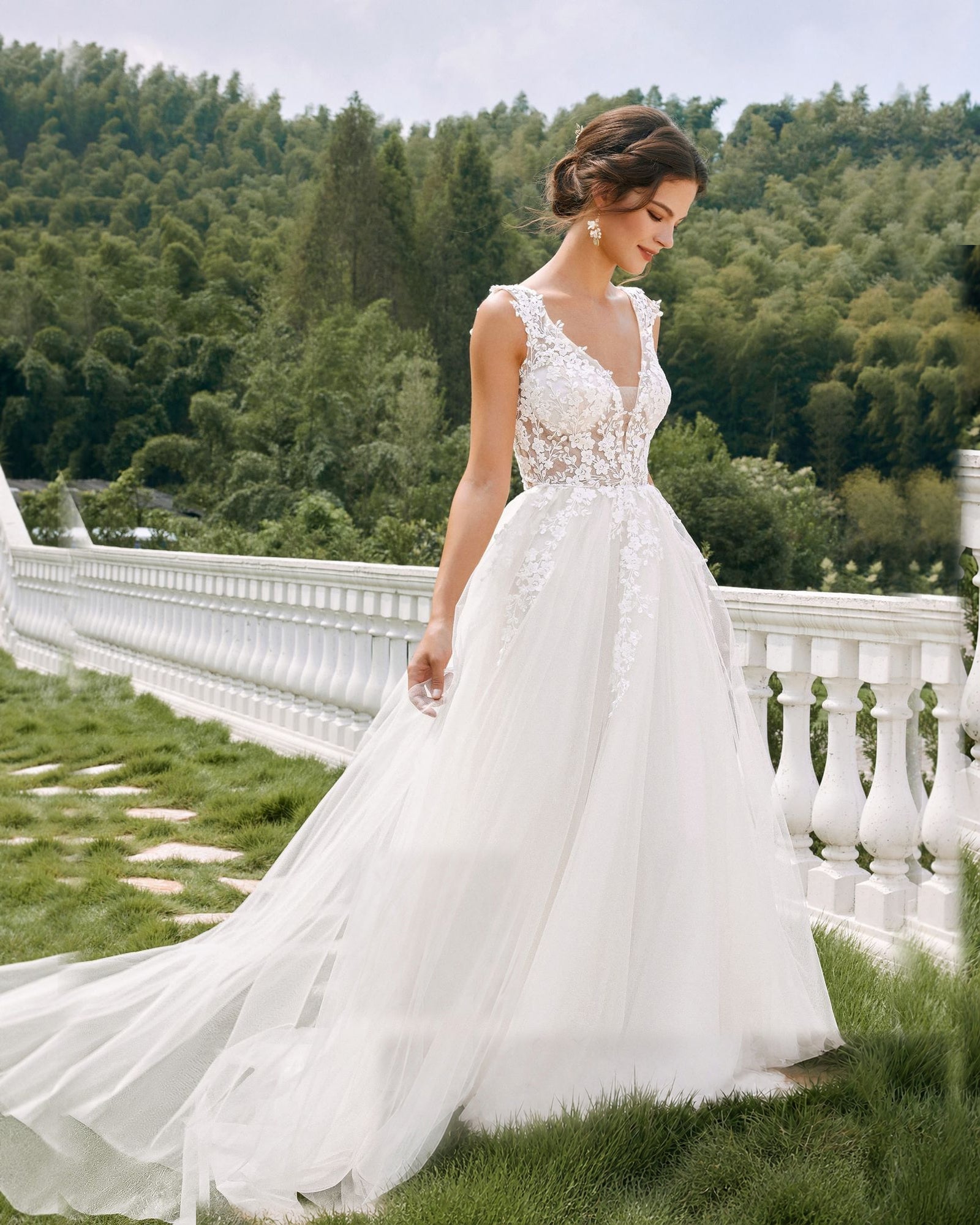 sleeveless v-neck lace tulle a-line wedding dress - image 5