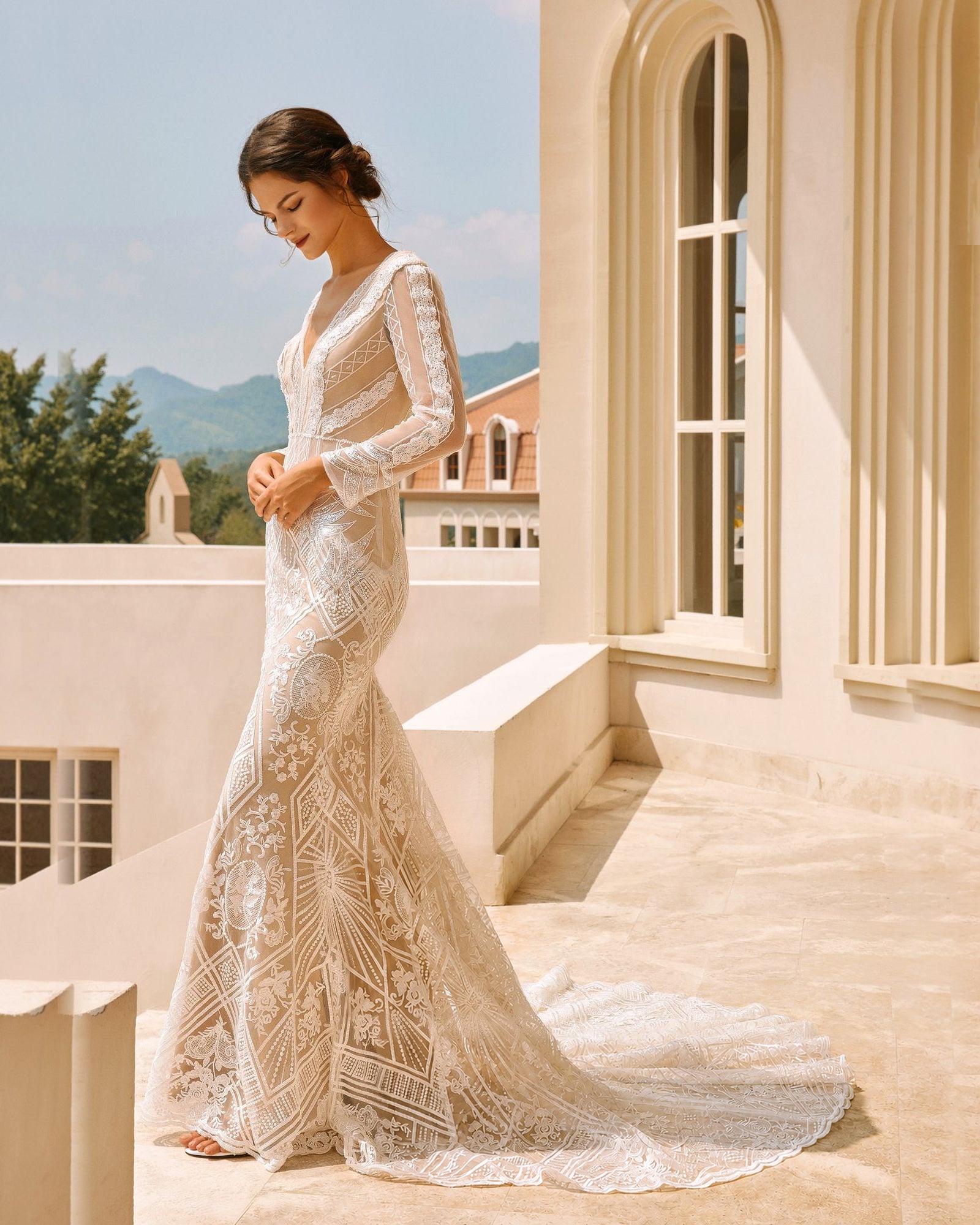 long sleeve geometric lace mermaid wedding dress - image 5