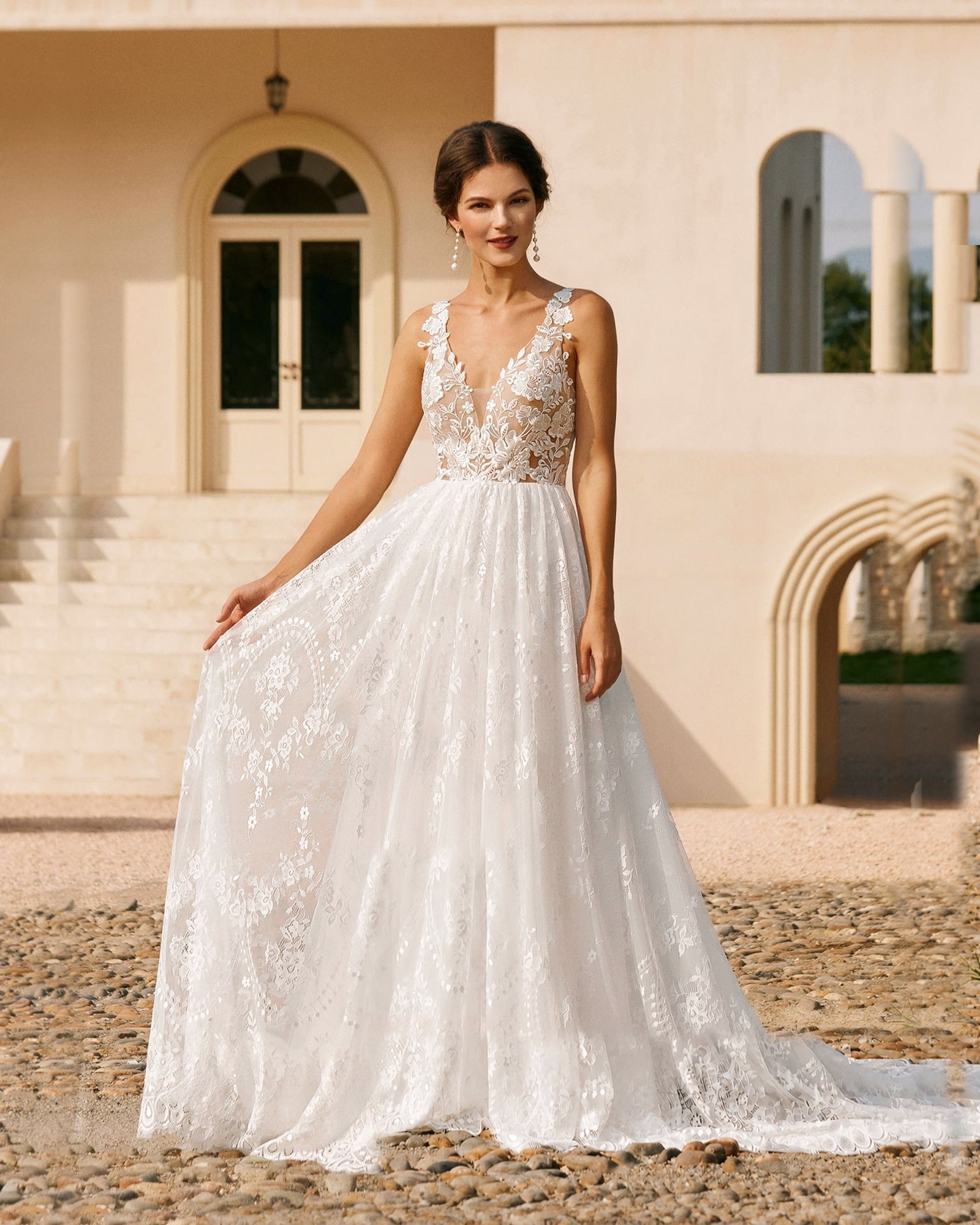 plunging v-neck lace embroidered a-line wedding dress - image 5