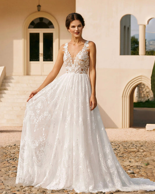 plunging v-neck lace embroidered a-line wedding dress - image 5