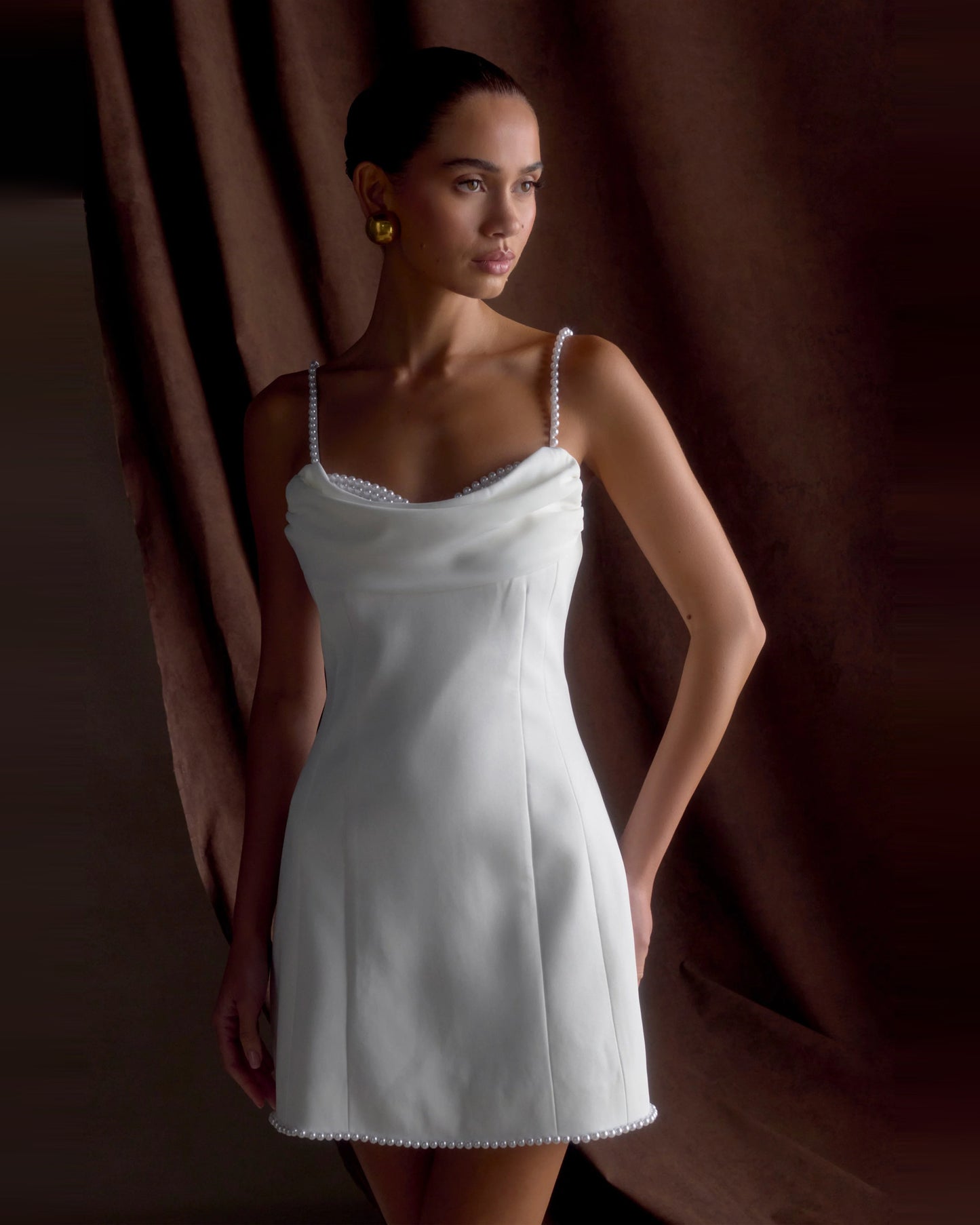 satin cowl neck pearl strap homecoming dress - image 5