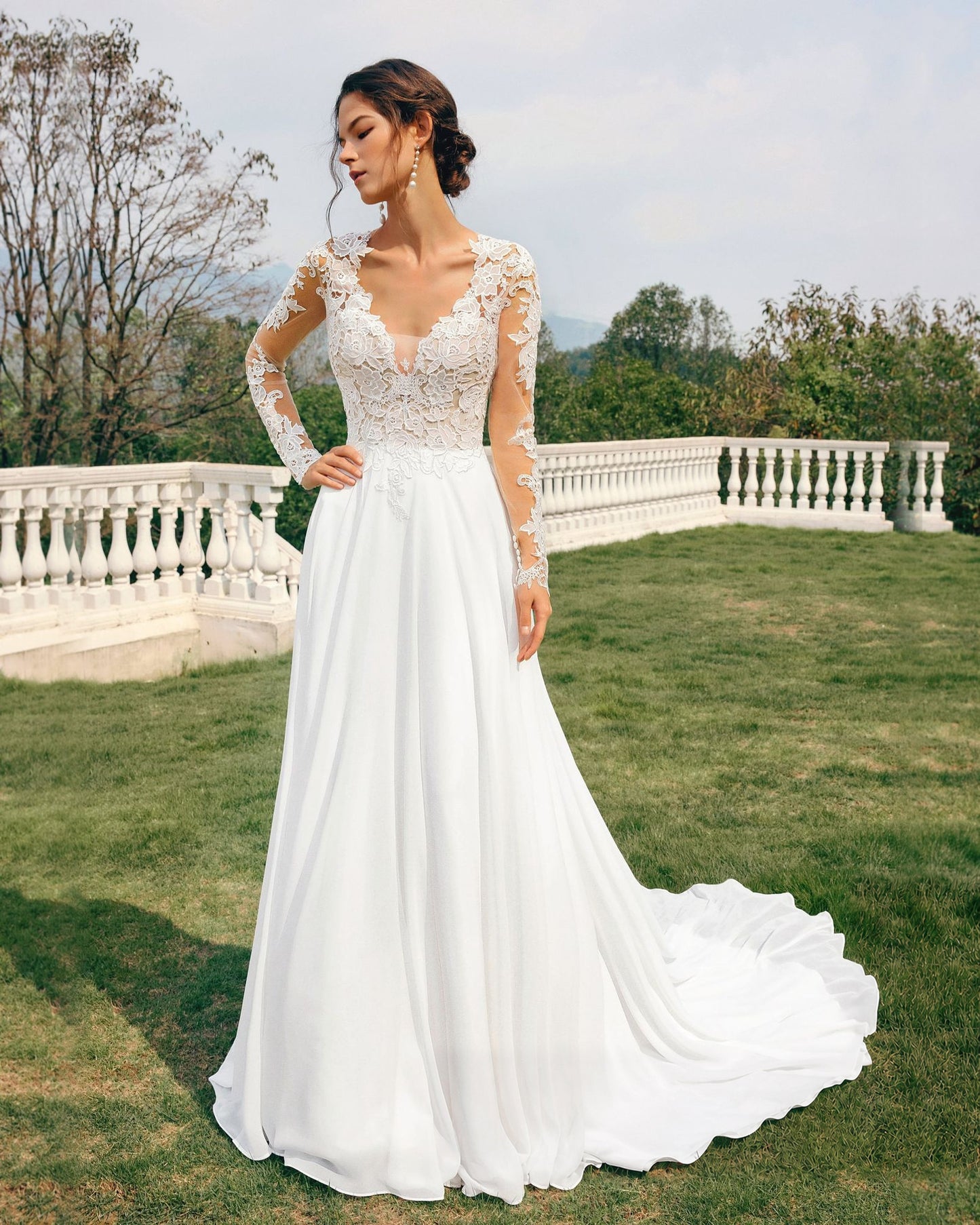 v-neck long sleeve lace chiffon a-line wedding dress - image 5