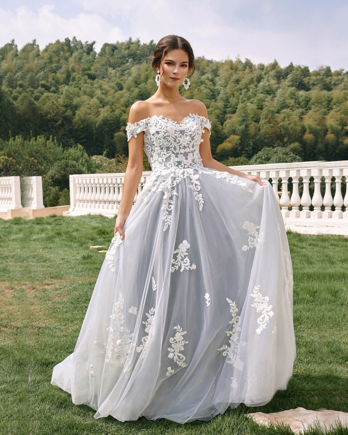 off-shoulder lace applique tulle ball gown wedding dress - image 5