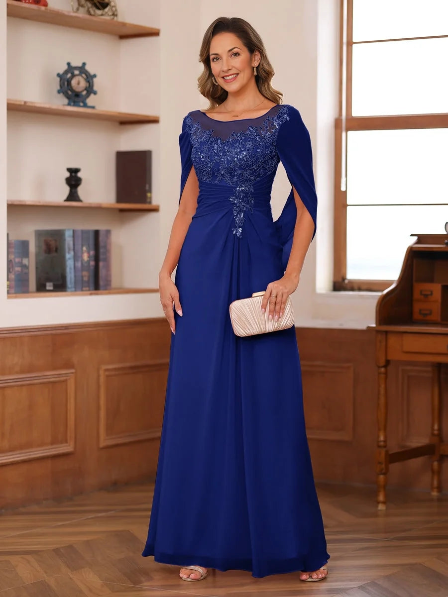 Navy maxi mother of the bride dress, alternate view showing the skirt and hem