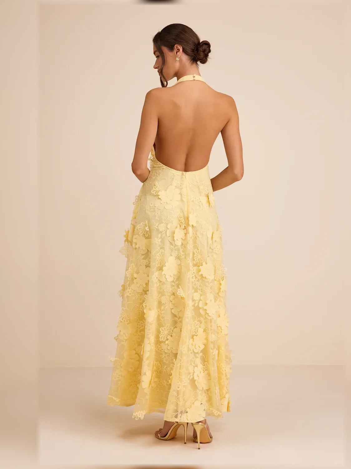 Black a-line maxi formal dress with floral print, alternate view showing the skirt
