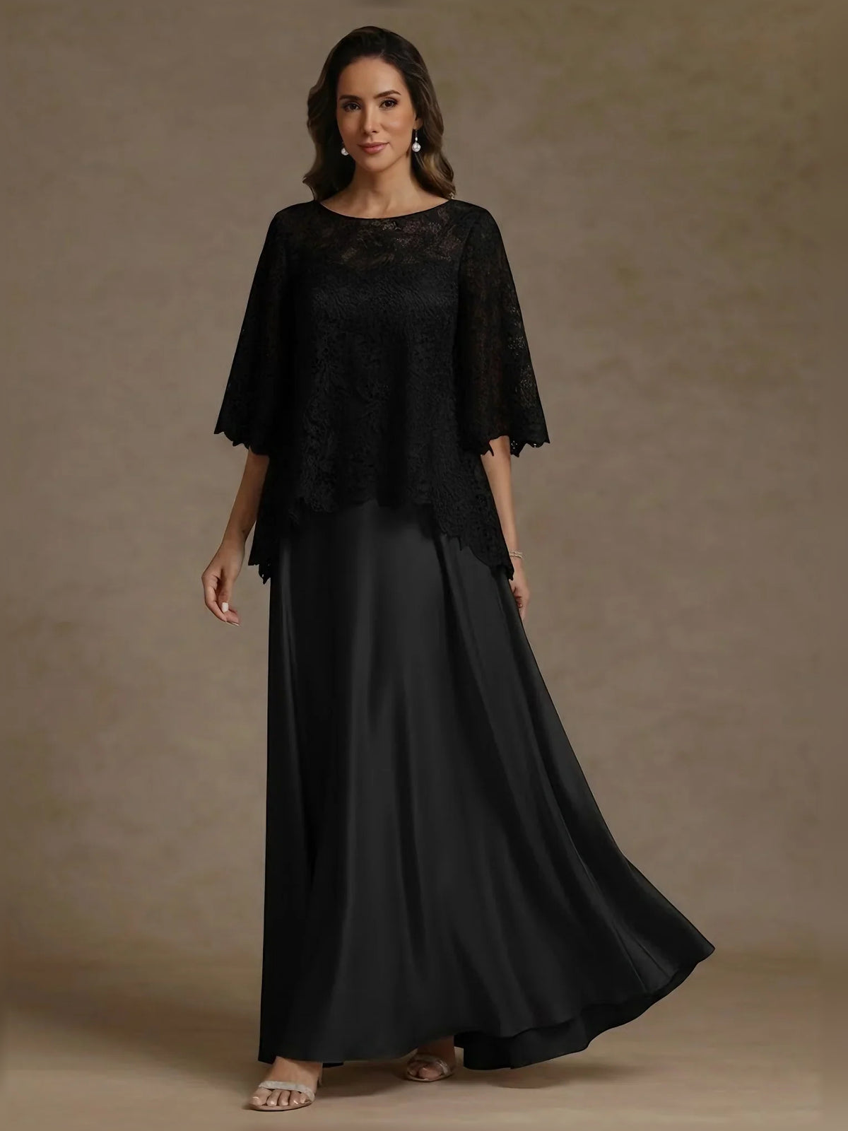 Black maxi mother of the bride dress, alternate view showing the skirt and hem