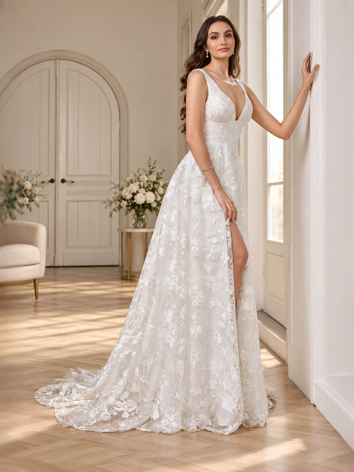Ivory floor-length wedding dress, alternate view showing the skirt and hem