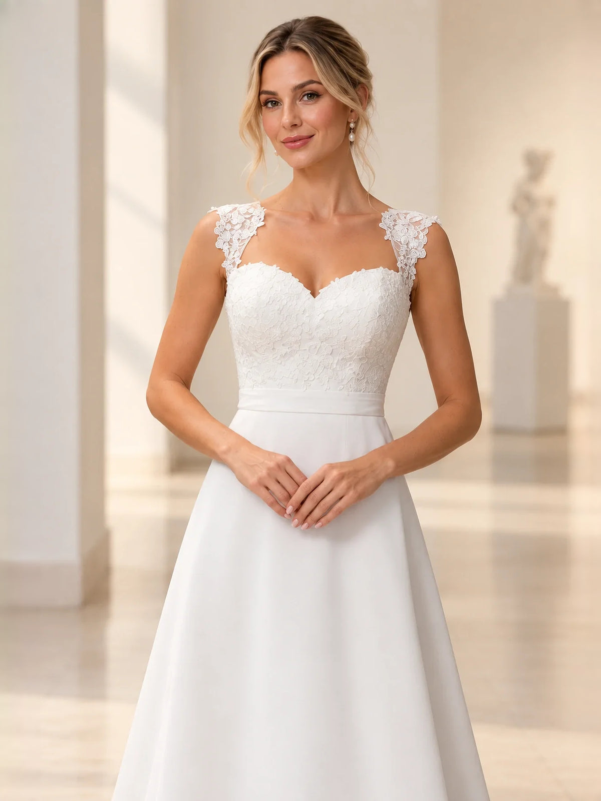 White floor-length wedding dress, alternate view showing the skirt and hem