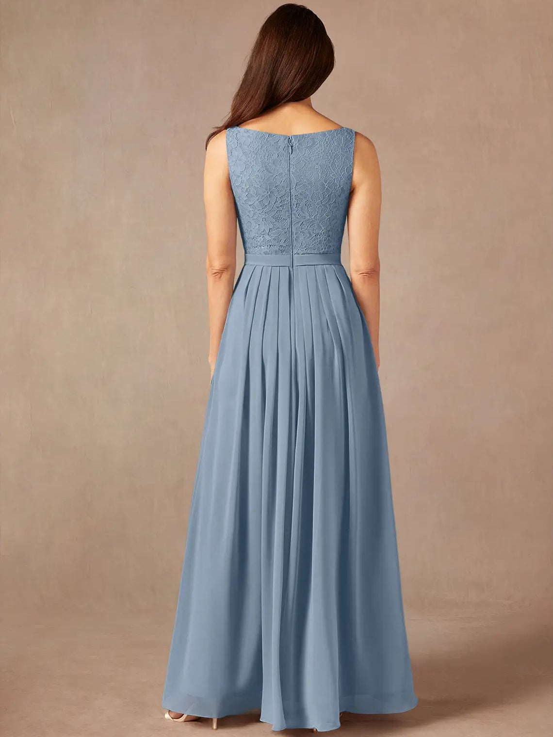 Dusty Blue maxi mother of the bride dress, alternate view showing the skirt and hem