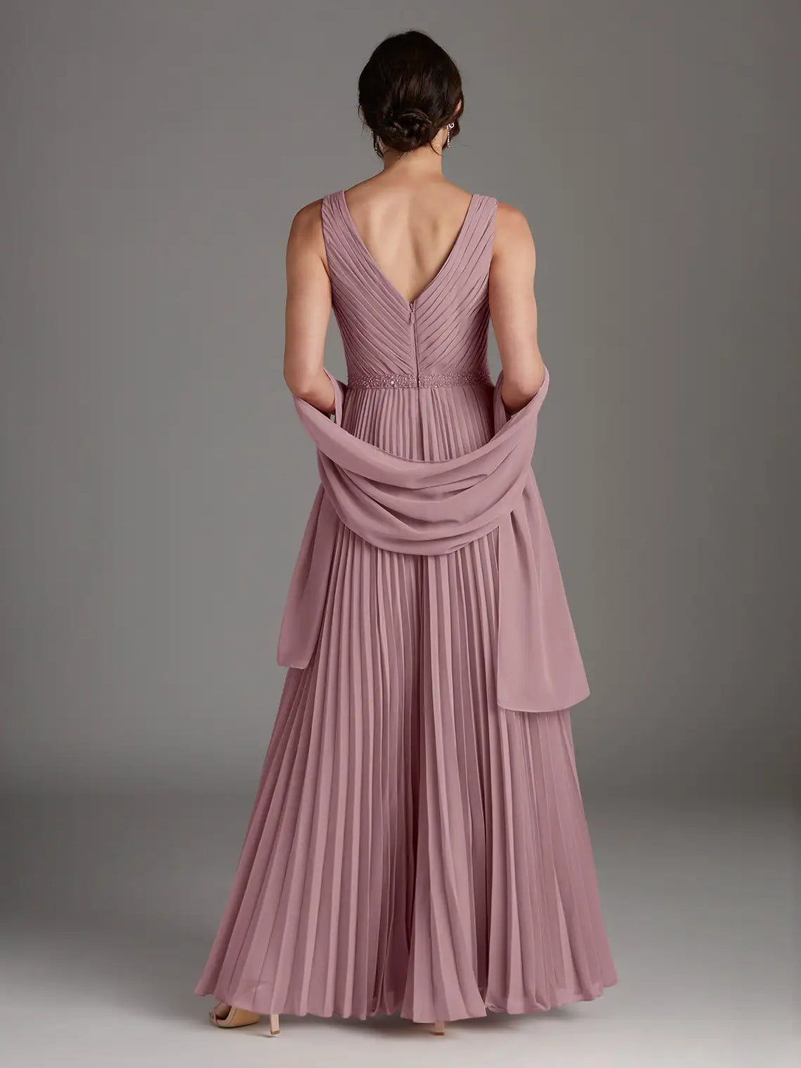 Dusty Rose maxi mother of the bride dress, alternate view showing the skirt and hem