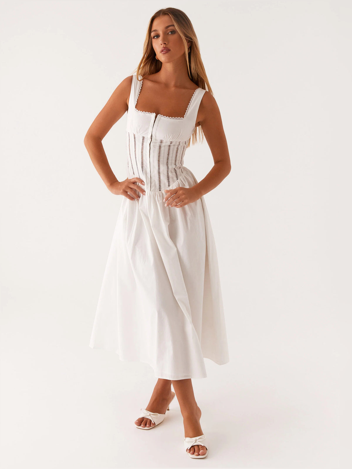 White midi formal dress, alternate view showing the skirt