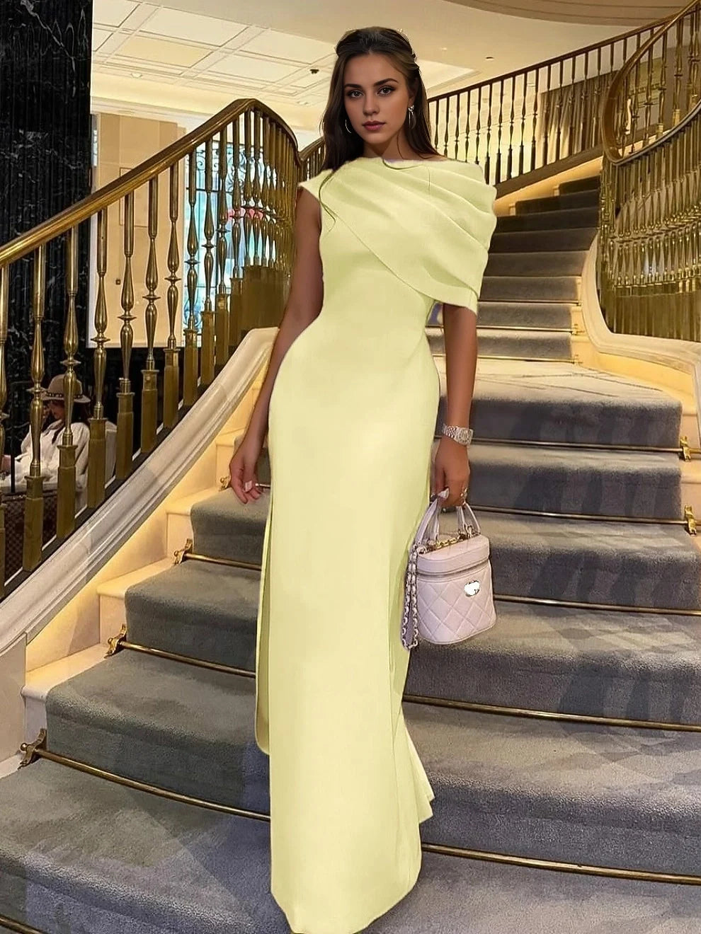 Canary maxi prom dress, alternate view showing the skirt and hem
