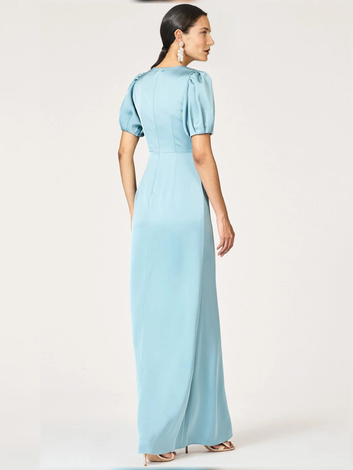 Green sheath maxi formal dress with ruffle details, alternate view showing the skirt