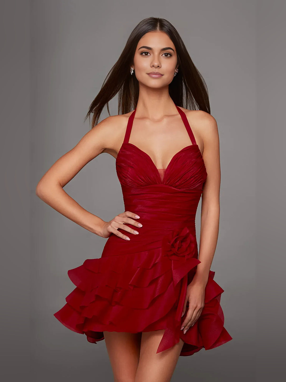 Burgundy short homecoming dress, alternate view showing the skirt and hem