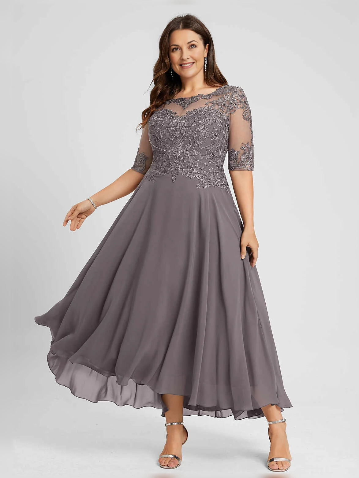 Steel Grey midi mother of the bride dress, alternate view showing the skirt and hem