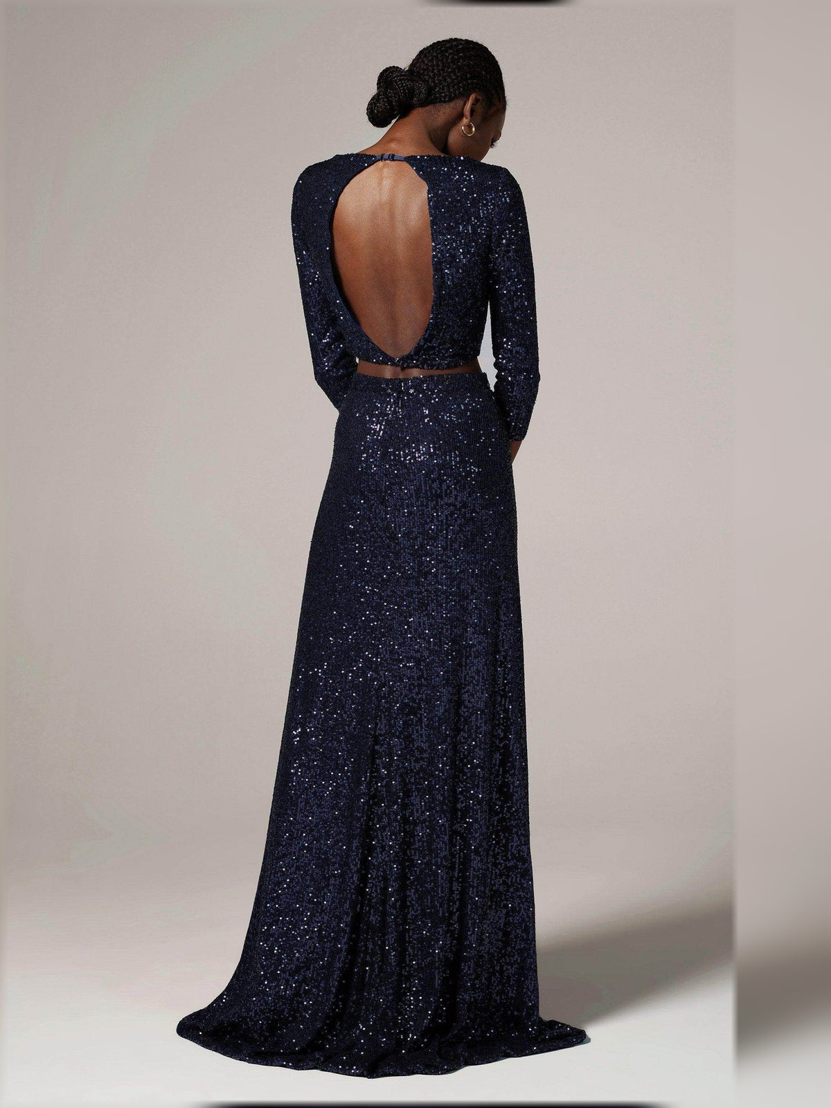 Dark Navy sheath floor-length formal dress with skirt slit, alternate view showing the skirt