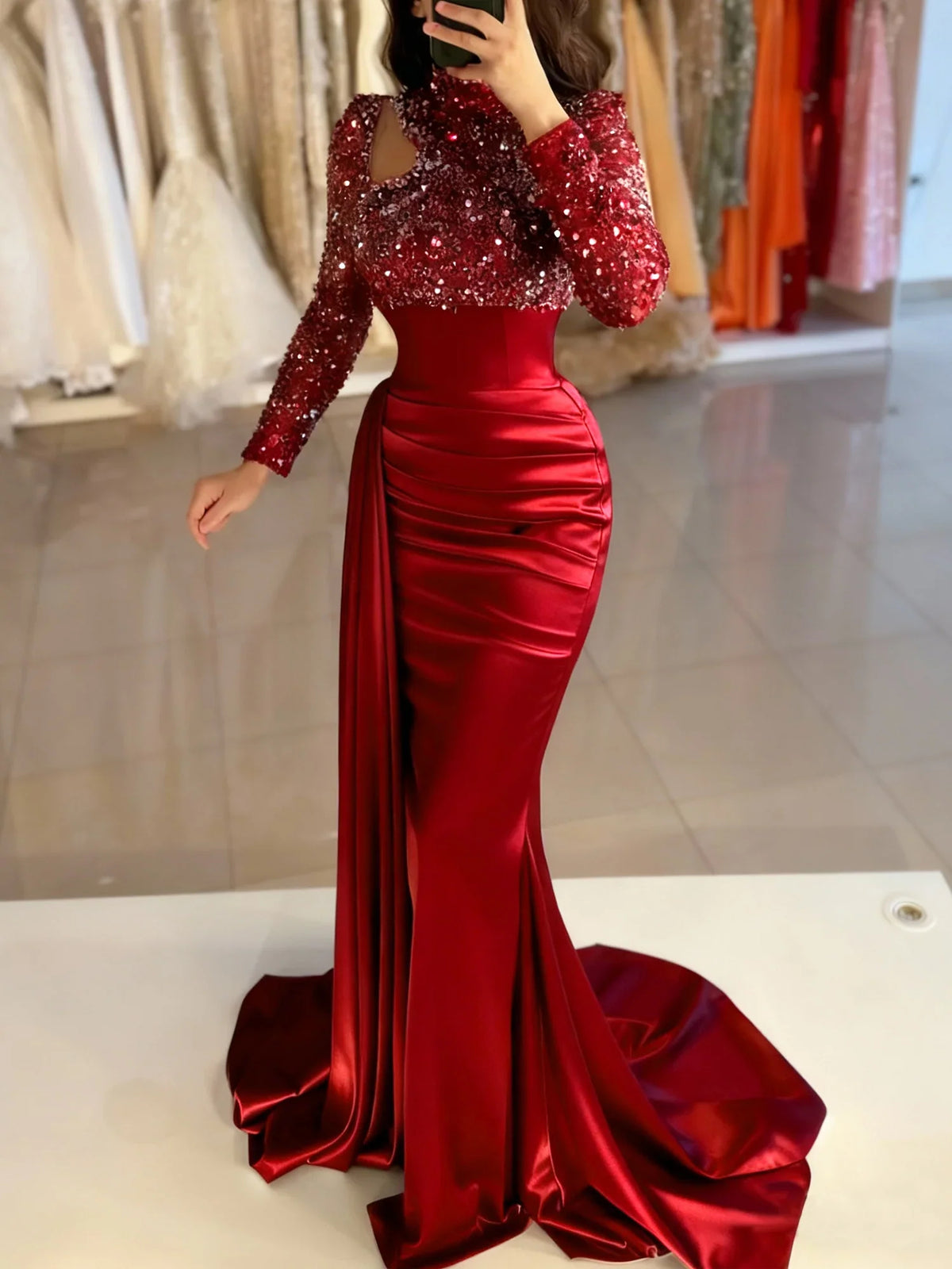 Red mermaid floor-length formal dress with skirt slit, alternate view