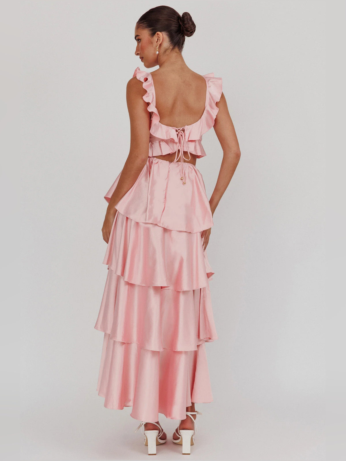 Blush a-line maxi formal dress with ruffle details, alternate view