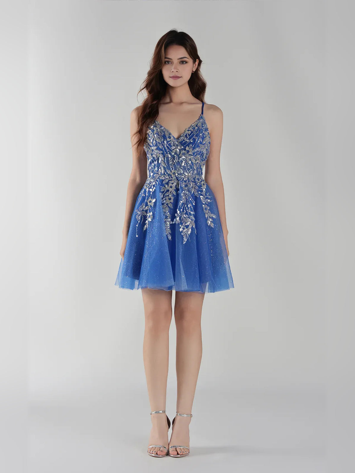 Blue mini homecoming dress, alternate view showing the skirt and hem
