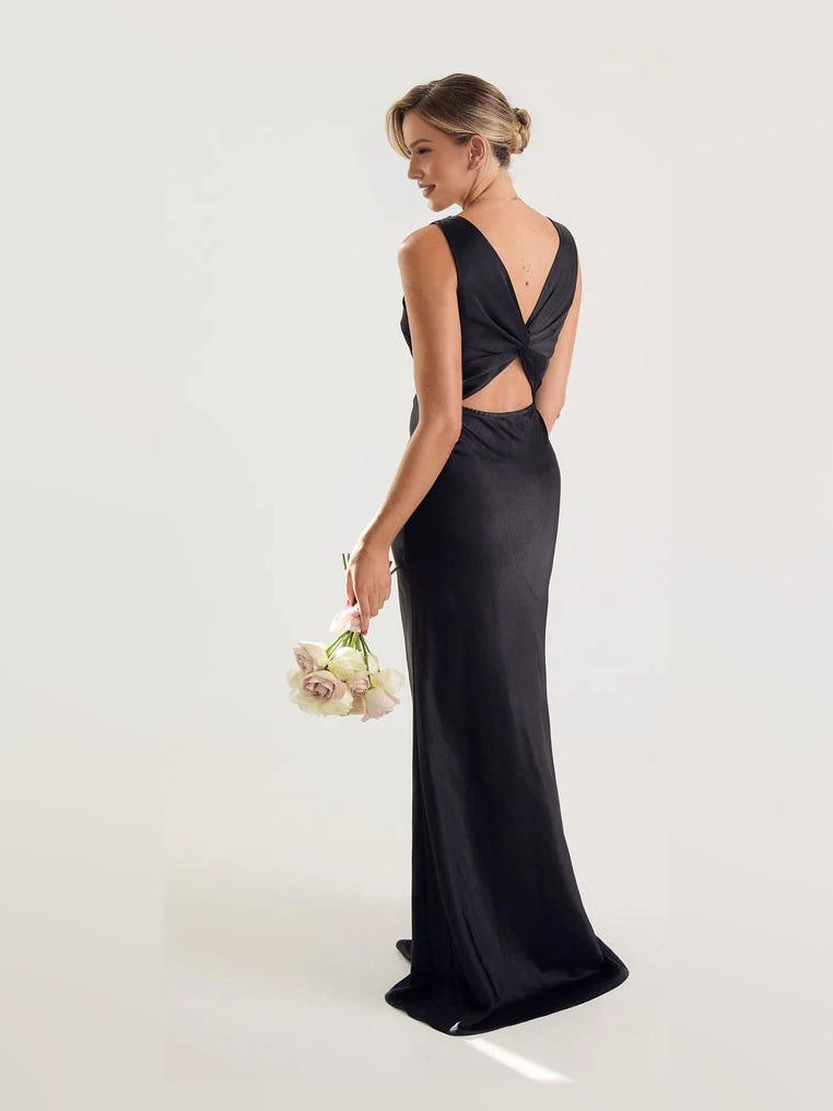 Black maxi bridesmaid dress, alternate view showing the skirt and hem