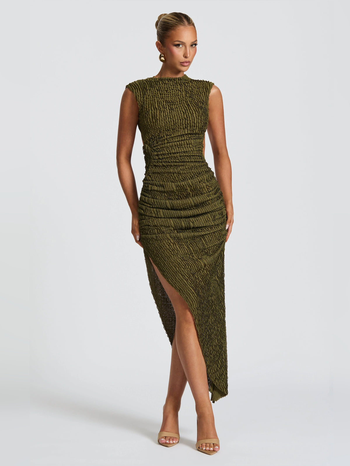 Khaki midi formal dress, alternate view showing the skirt