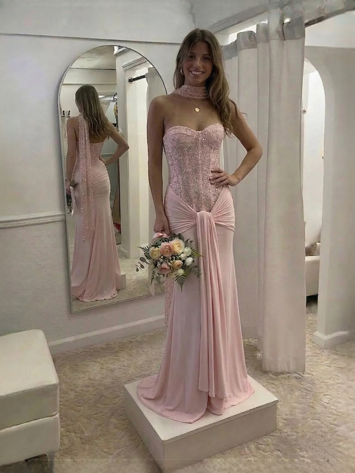 Light Pink maxi prom dress, alternate view showing the skirt and hem